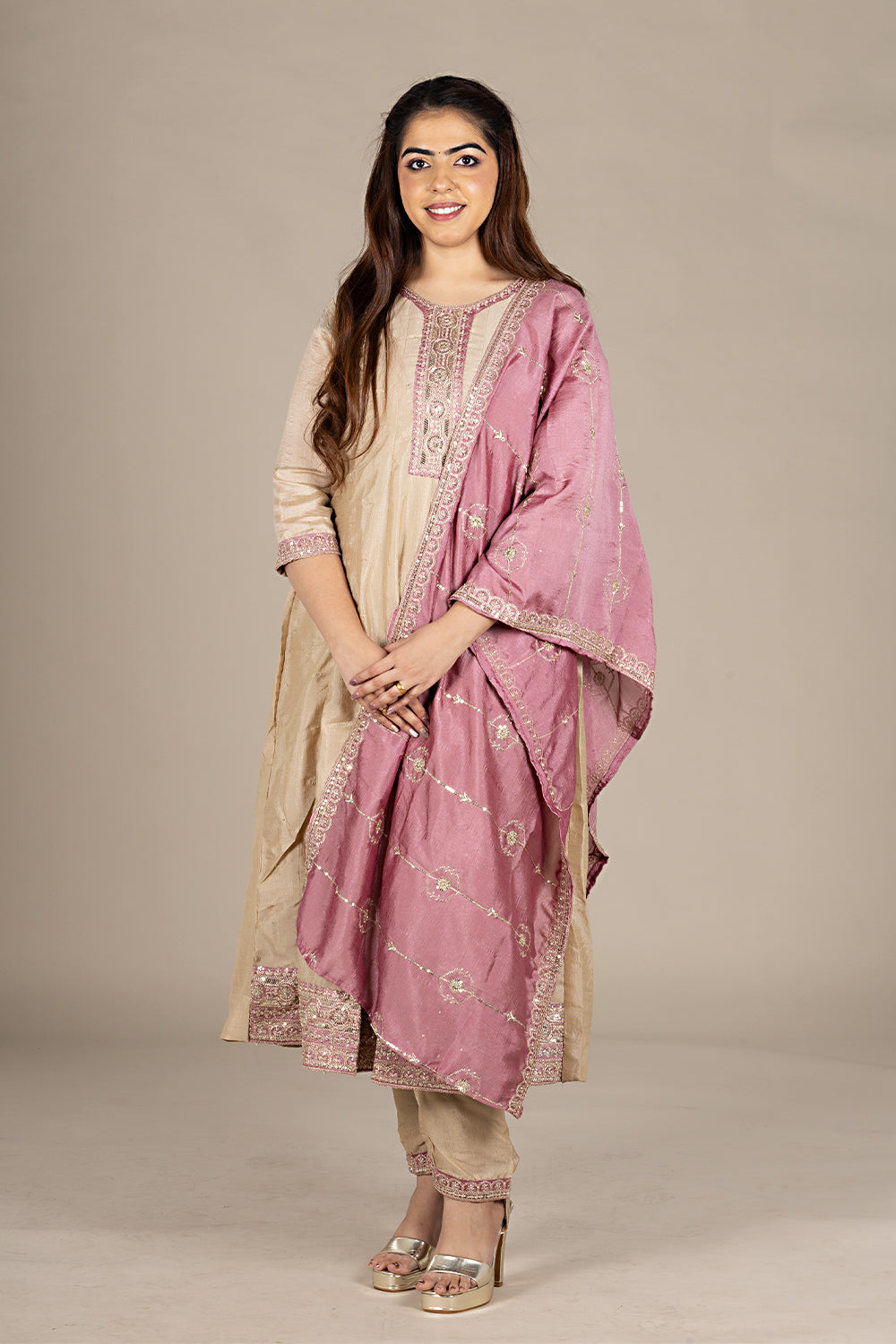 Beige Designer Silk Salwar Suit with Pink Dupatta