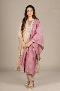 Beige Designer Silk Salwar Suit with Pink Dupatta