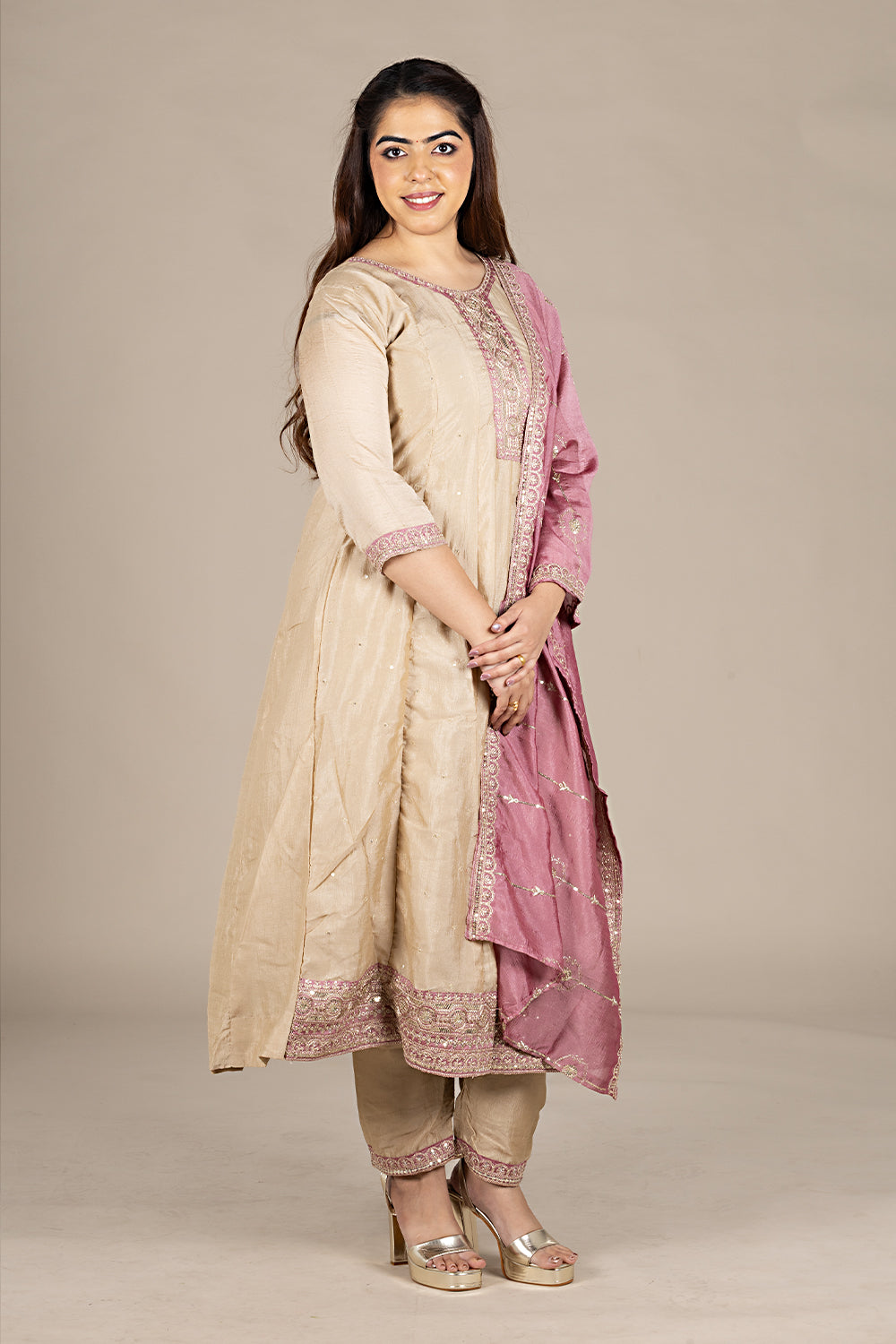 Beige Designer Silk Salwar Suit with Pink Dupatta