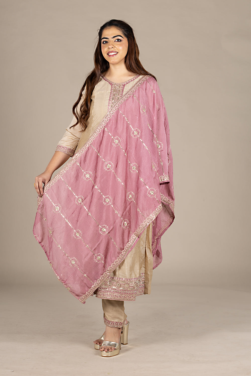 Beige Designer Silk Salwar Suit with Pink Dupatta