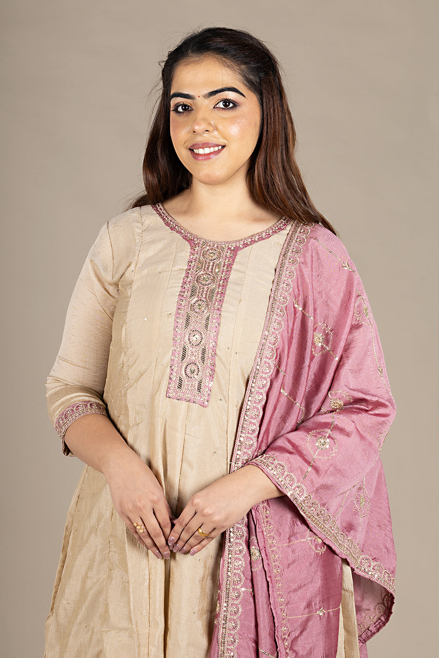 Beige Designer Silk Salwar Suit with Pink Dupatta