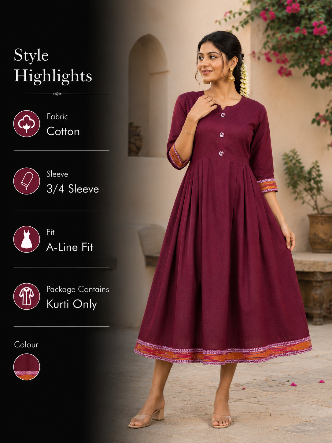Flared Cotton Kurti - Maroon