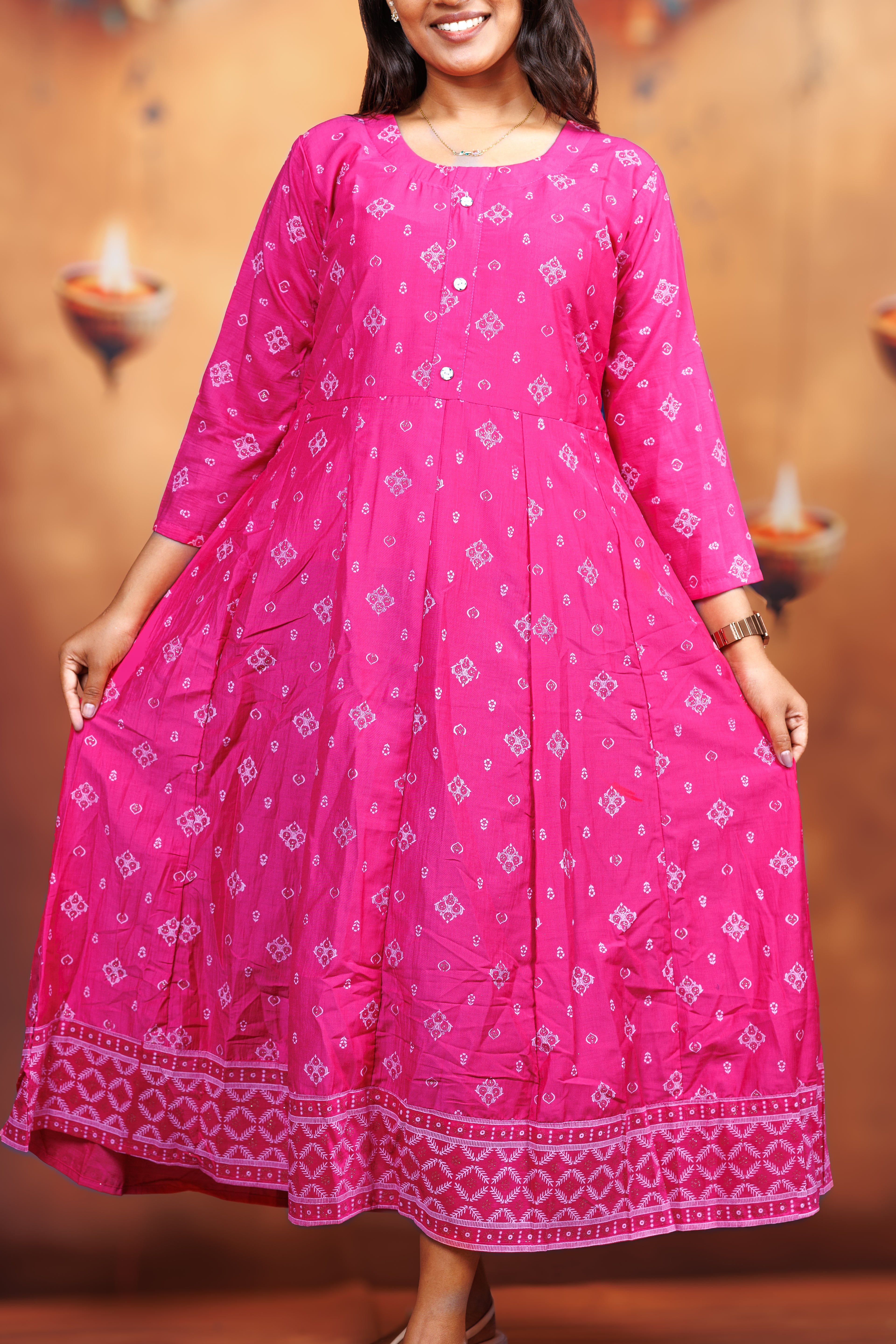 Bindoo Kali Cotton Kurti - Rani Pink