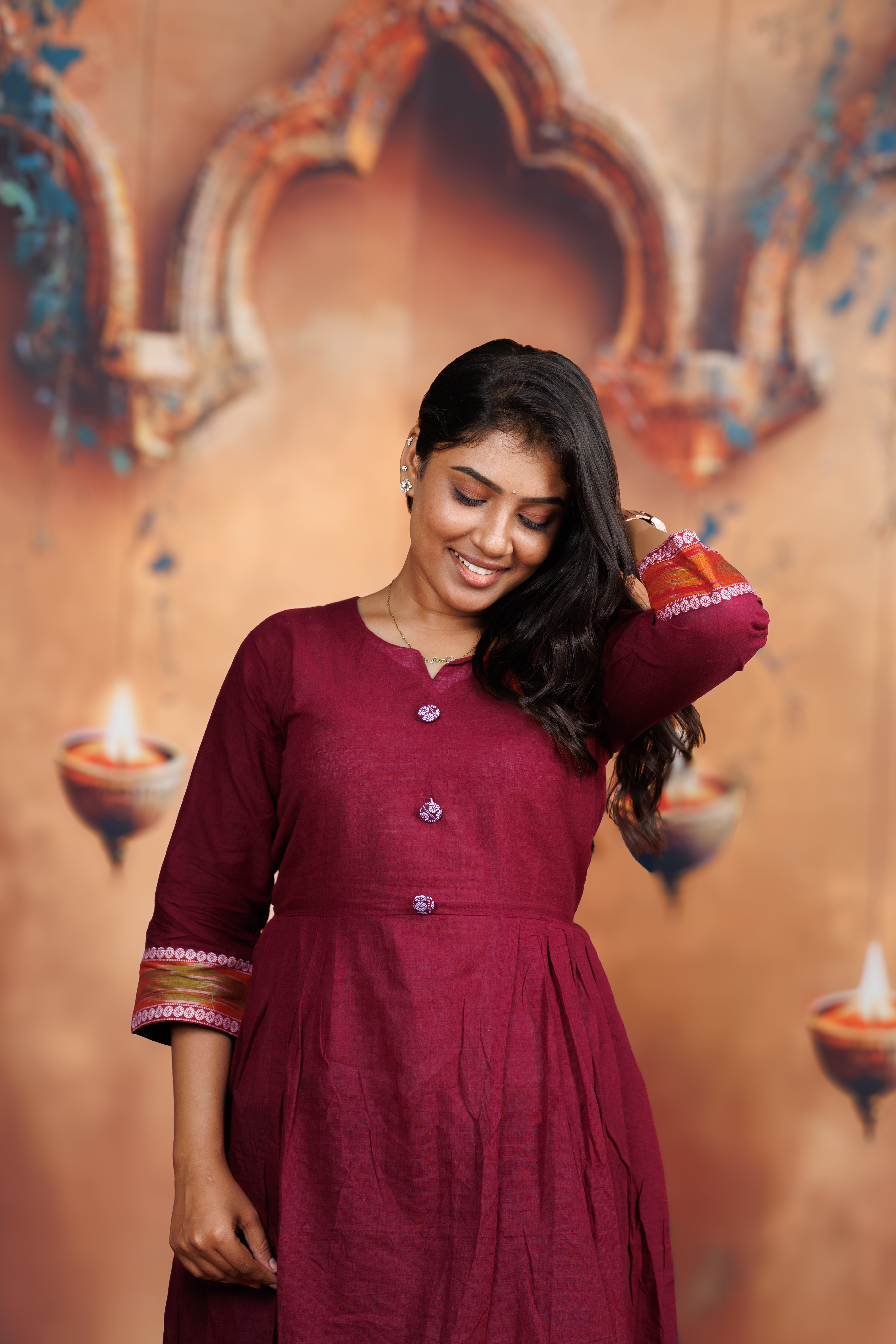 Flared Cotton Kurti - Maroon