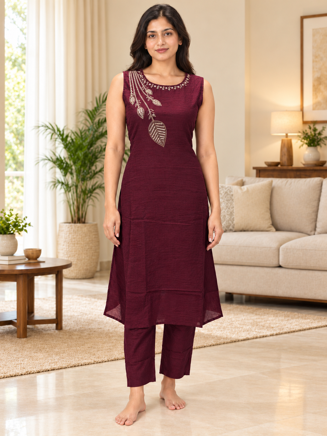 Maroon Round-Neck Co-ord Set