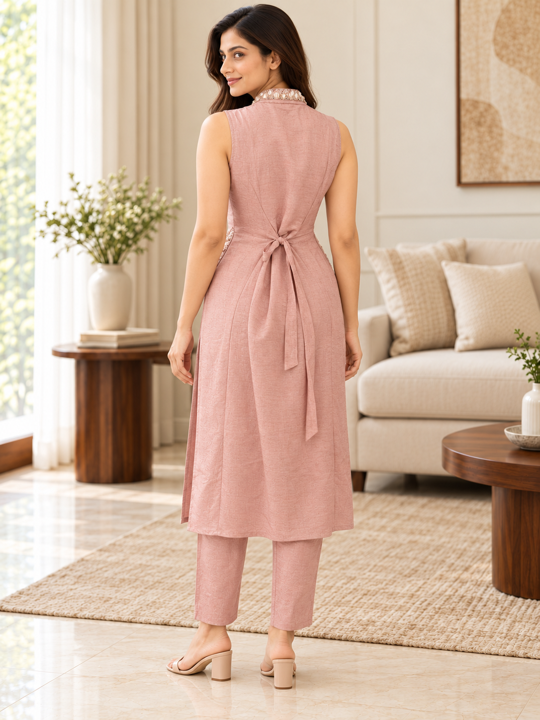 Light Peach Designer Stand-Collar Neck Co-ord Set