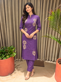 Purple Printed Stand-Collar Neck Co-ord
