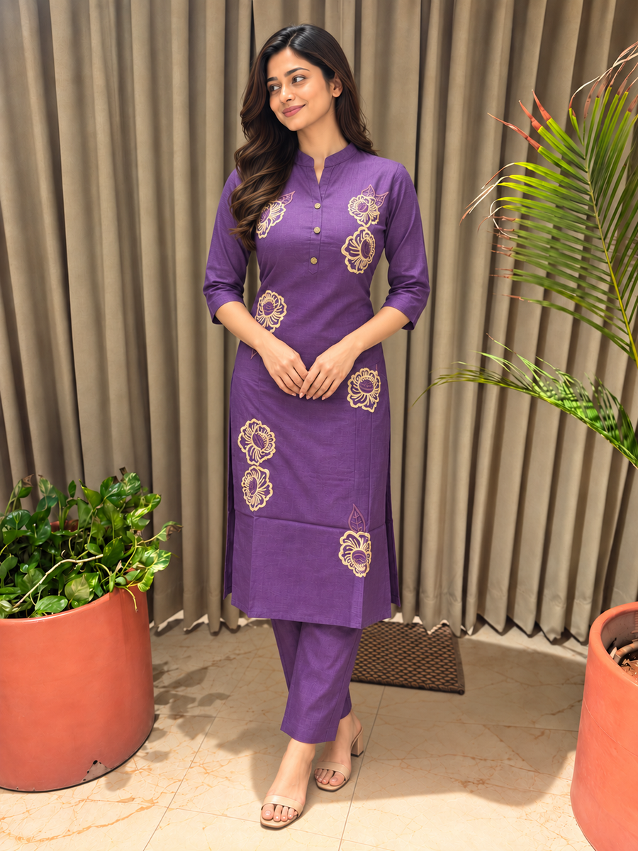 Purple Printed Stand-Collar Neck Co-ord