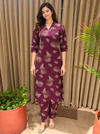 Maroon Printed V-Neck Co-ord