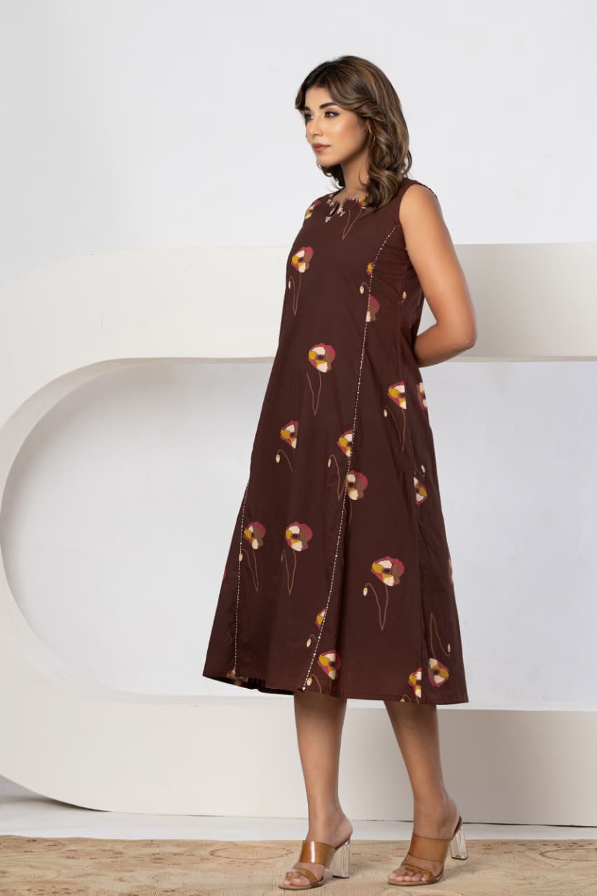 Cocoa Bloom A-Line Midi Dress