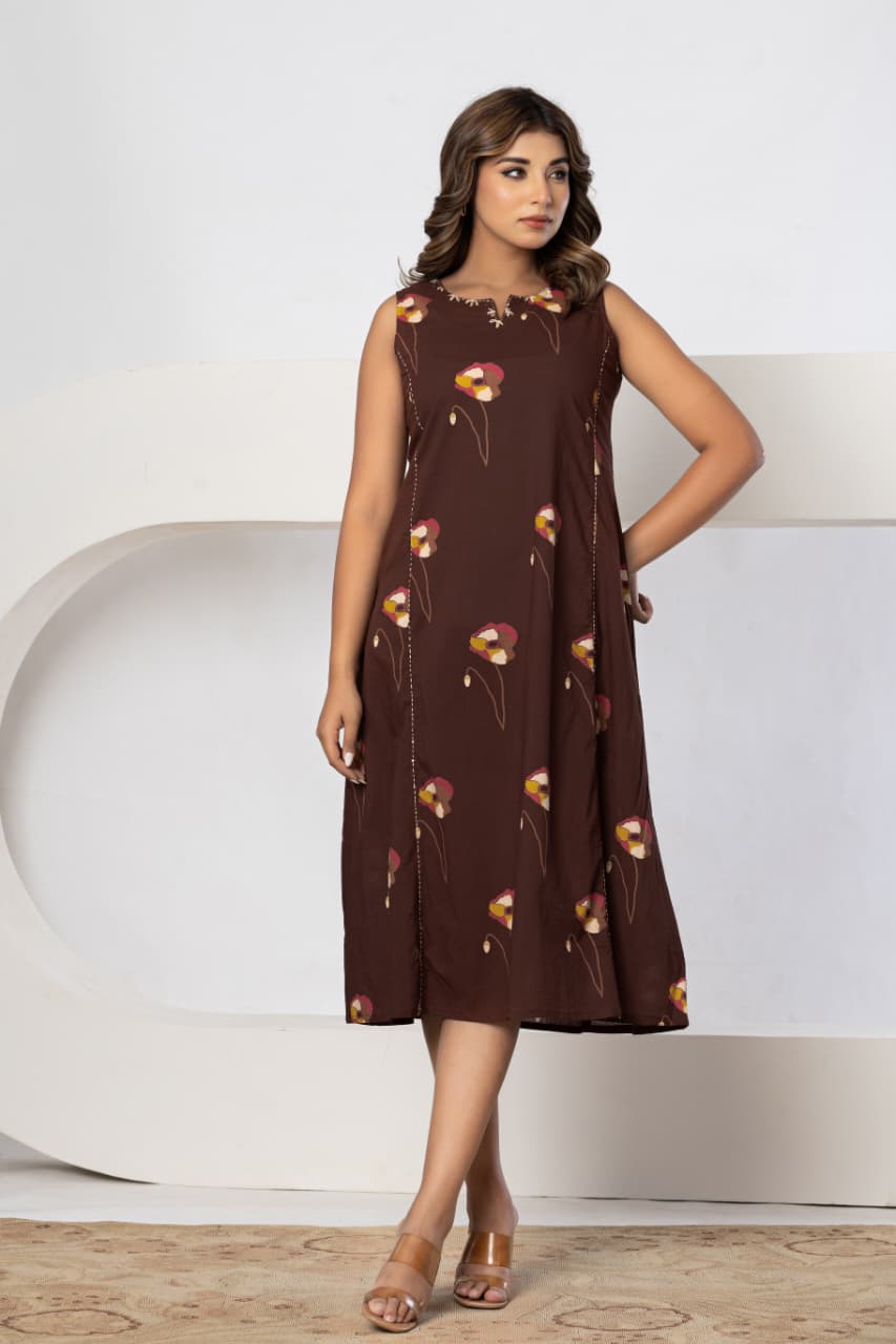 Cocoa Bloom A-Line Midi Dress