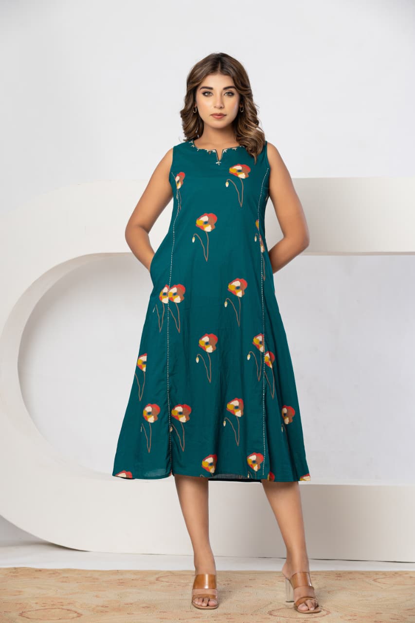 Teal Green Midi A-Line Dress