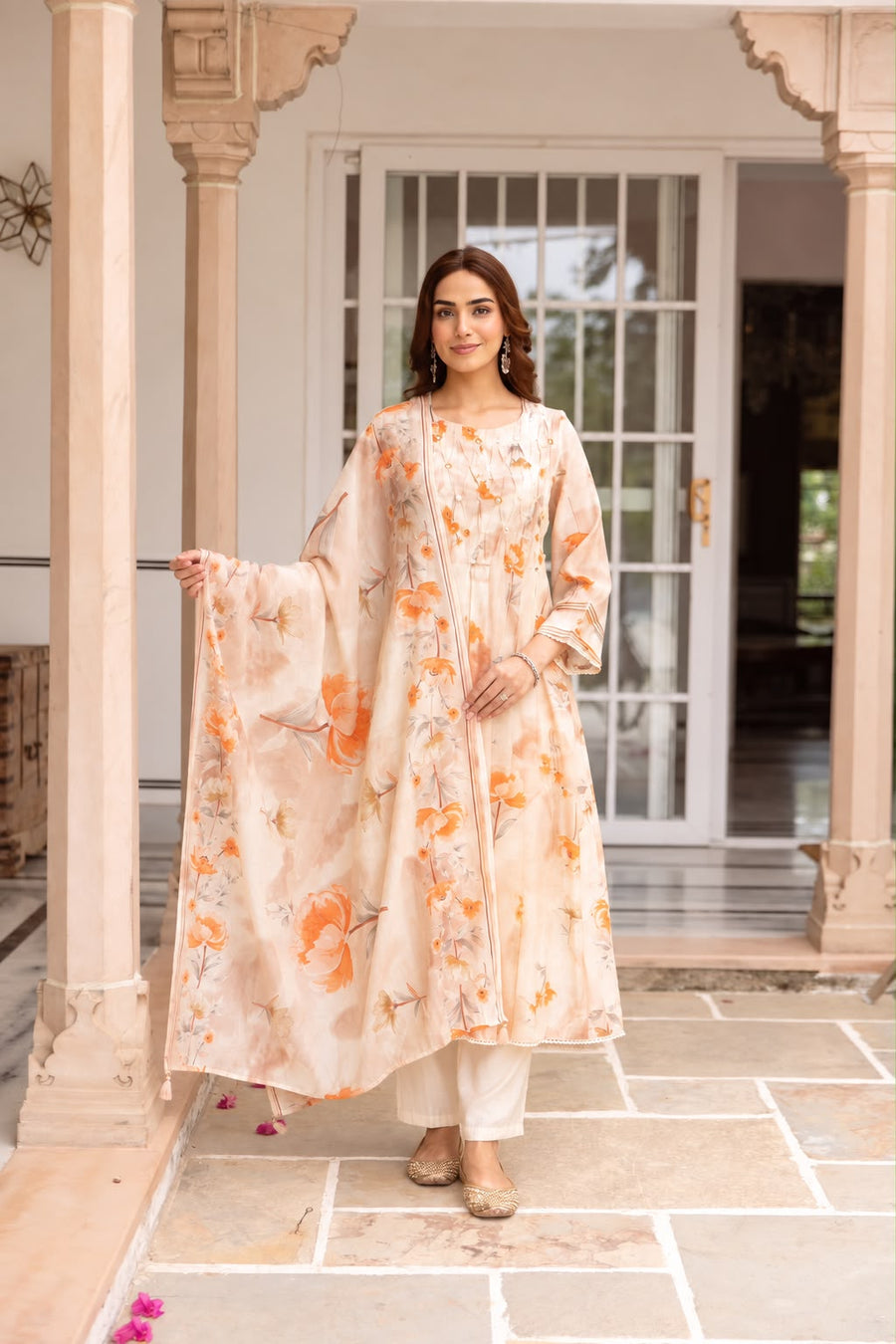 Mul Chanderi Orange Kurta Set