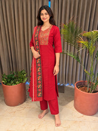 Red Printed Neck and Dupatta Set