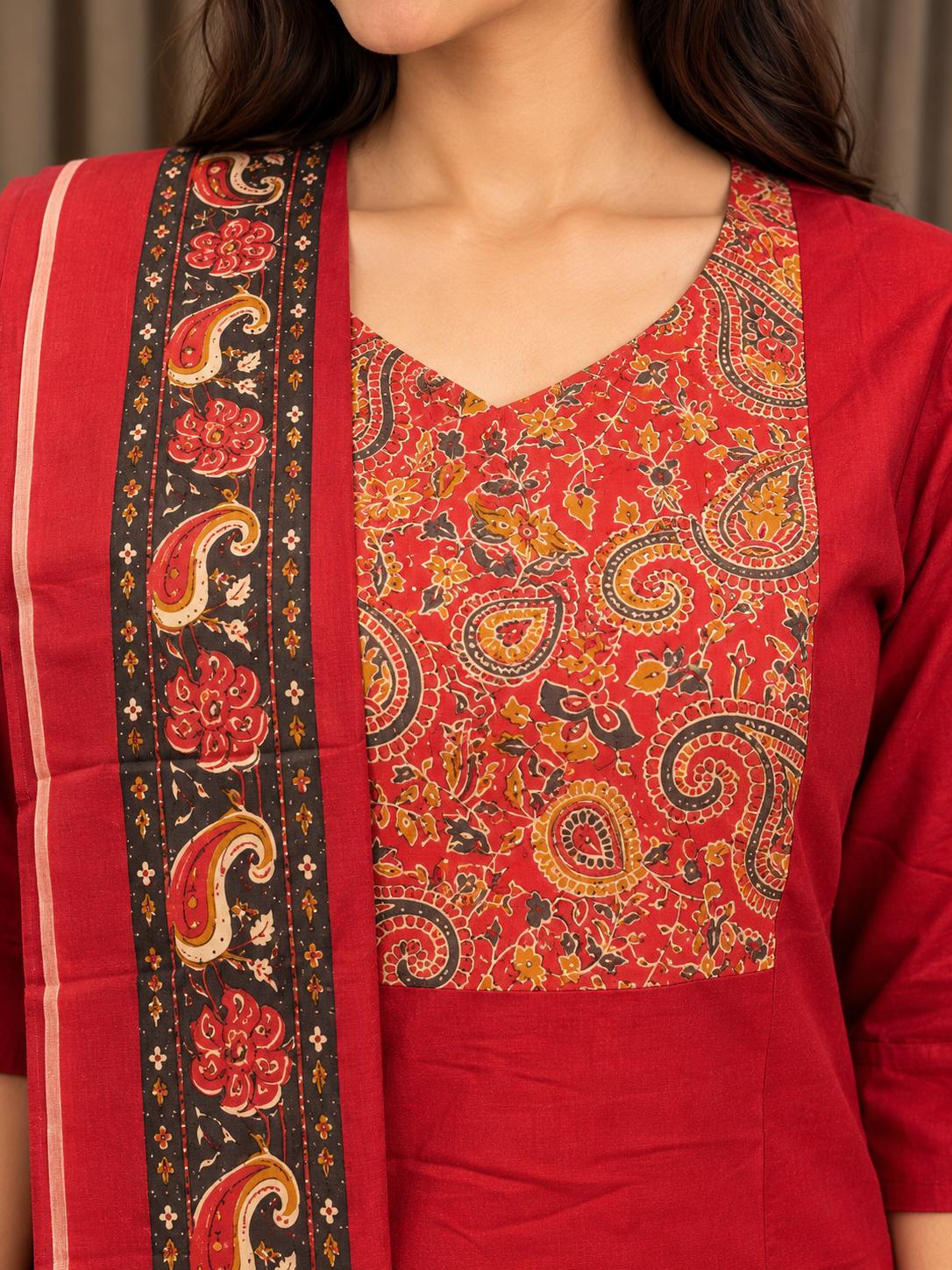 Red Printed Neck and Dupatta Set