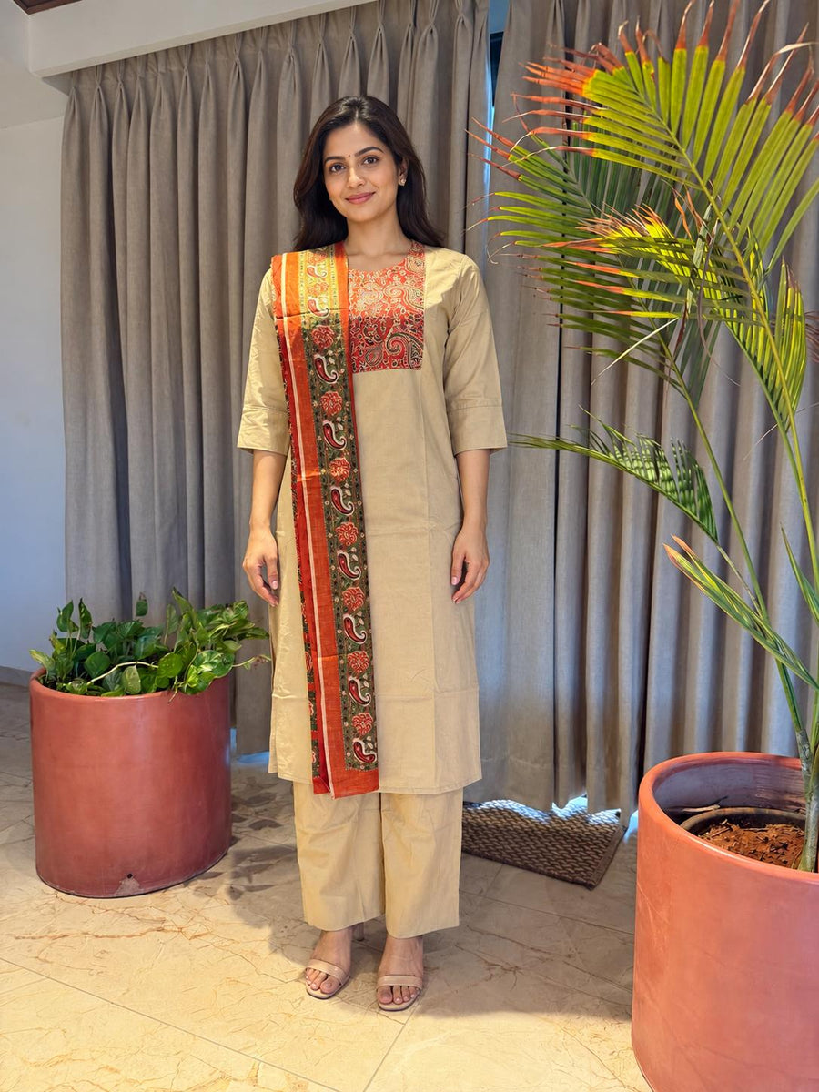 Beige Printed Neck and Dupatta Set