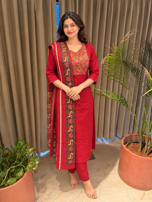 Red Printed Neck and Dupatta Set