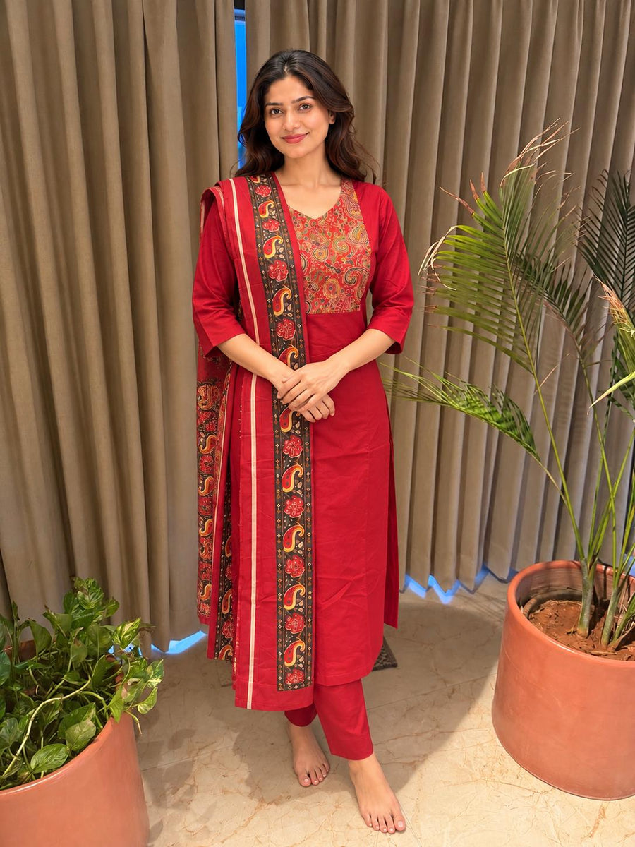 Red Printed Neck and Dupatta Set