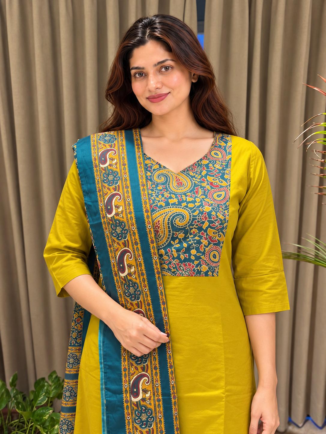 Olive Green Printed Neck and Dupatta Set