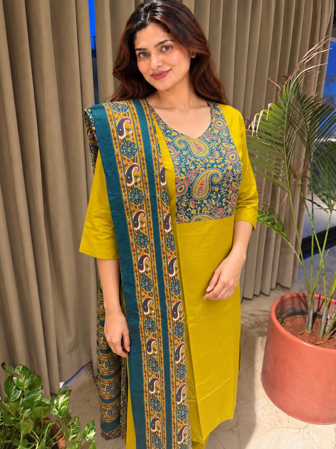 Olive Green Printed Neck and Dupatta Set