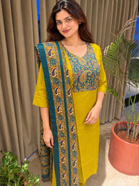 Olive Green Printed Neck and Dupatta Set
