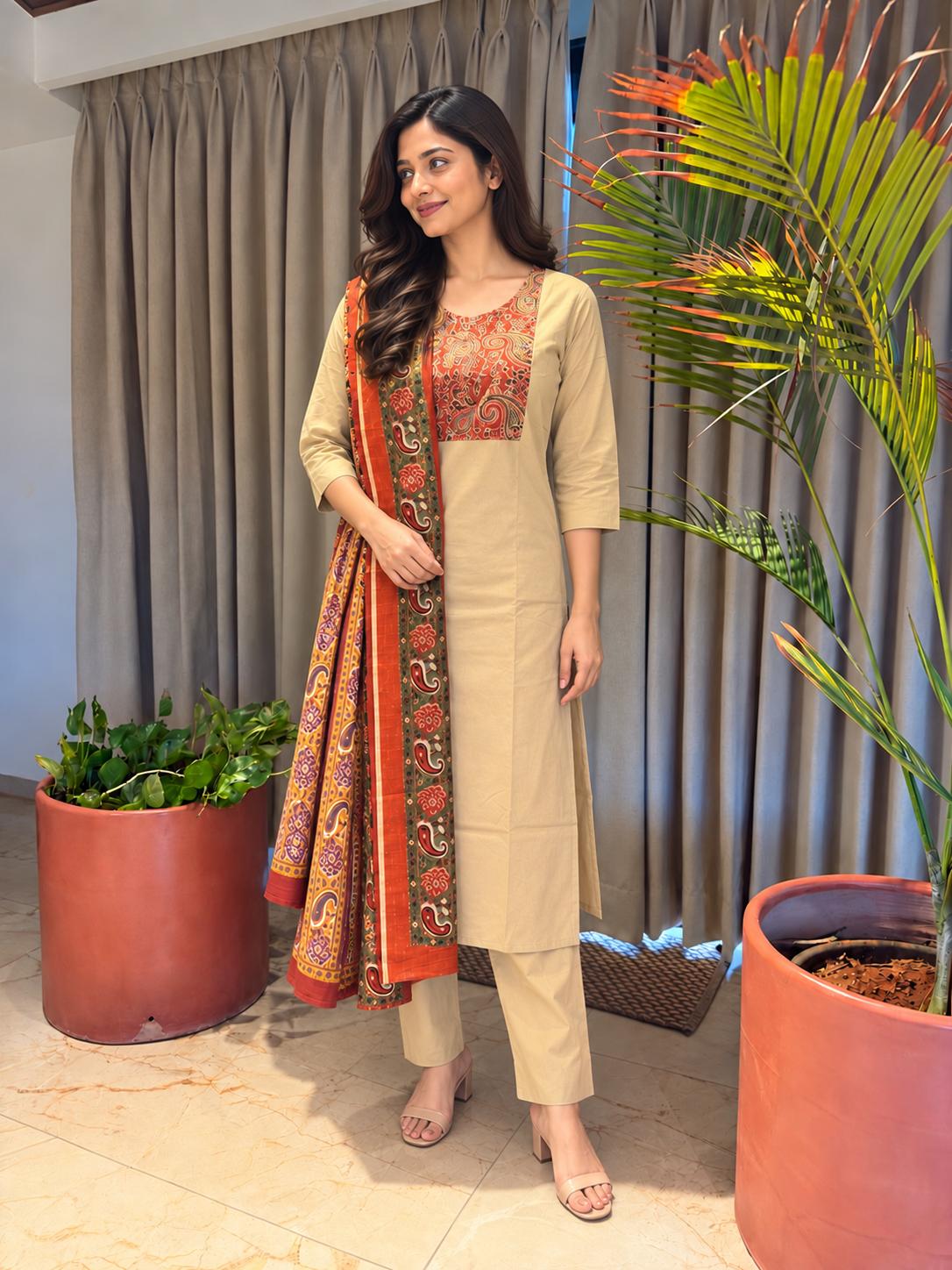 Beige Printed Neck and Dupatta Set