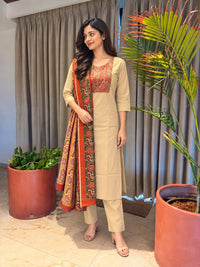 Beige Printed Neck and Dupatta Set