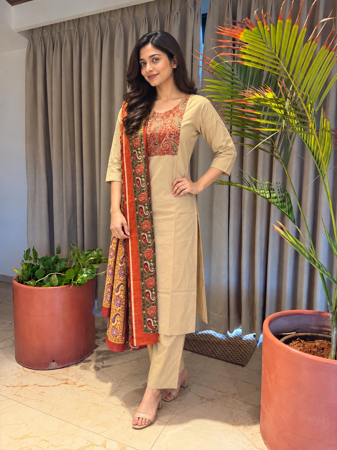 Beige Printed Neck and Dupatta Set