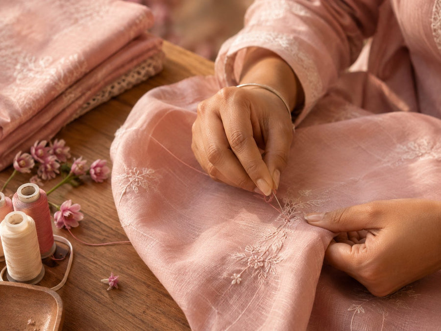 Hand embroidery being worked on AJ FITS fabric