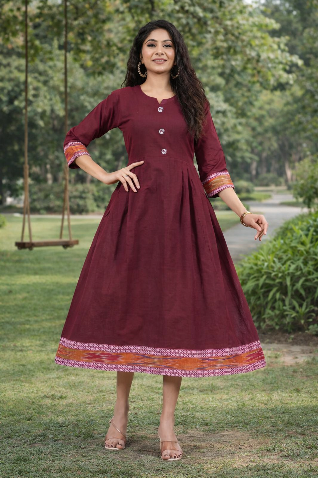 Flared Cotton Kurti - Maroon