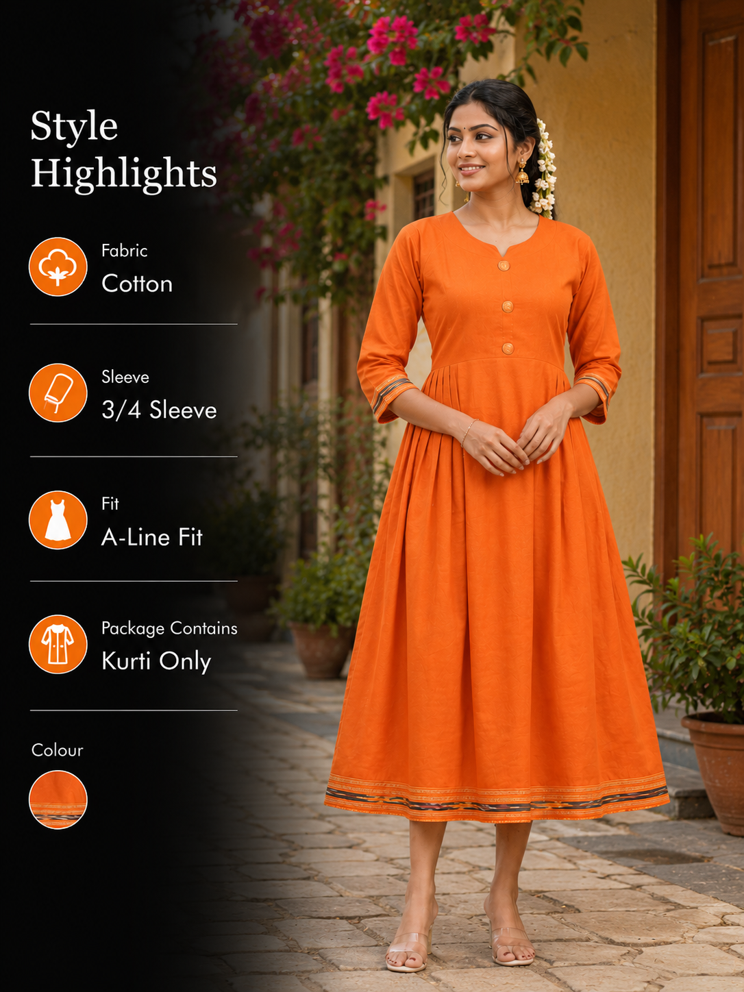 Flared Cotton Kurti – Orange.