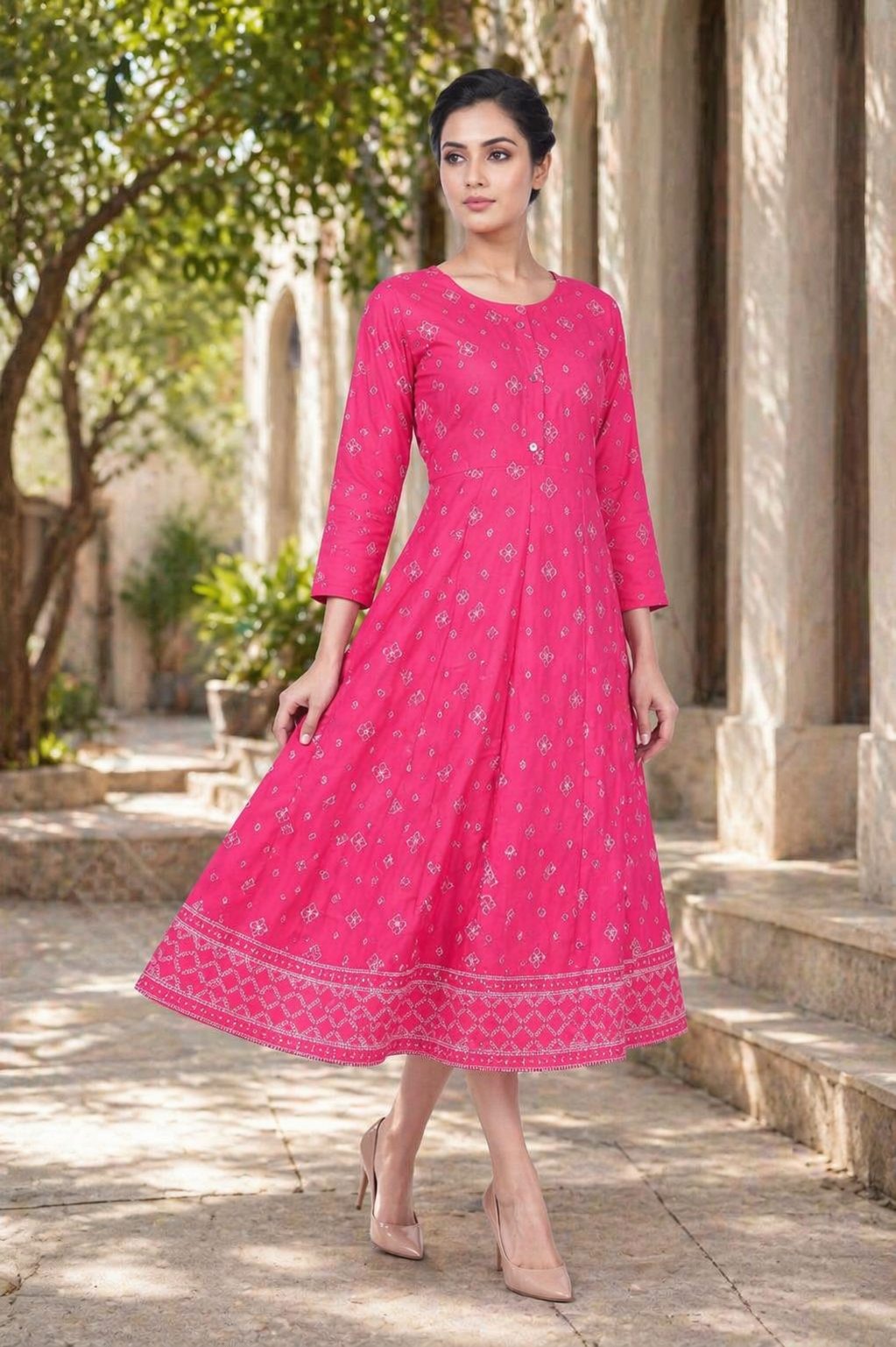 Bindoo Kali Cotton Kurti - Rani Pink