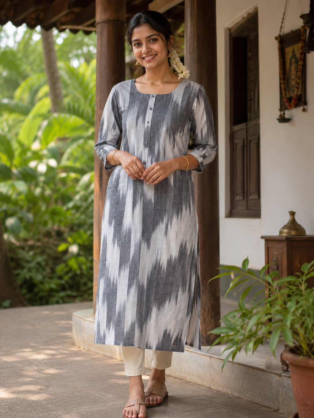Grey Ikat Straight Kurti
