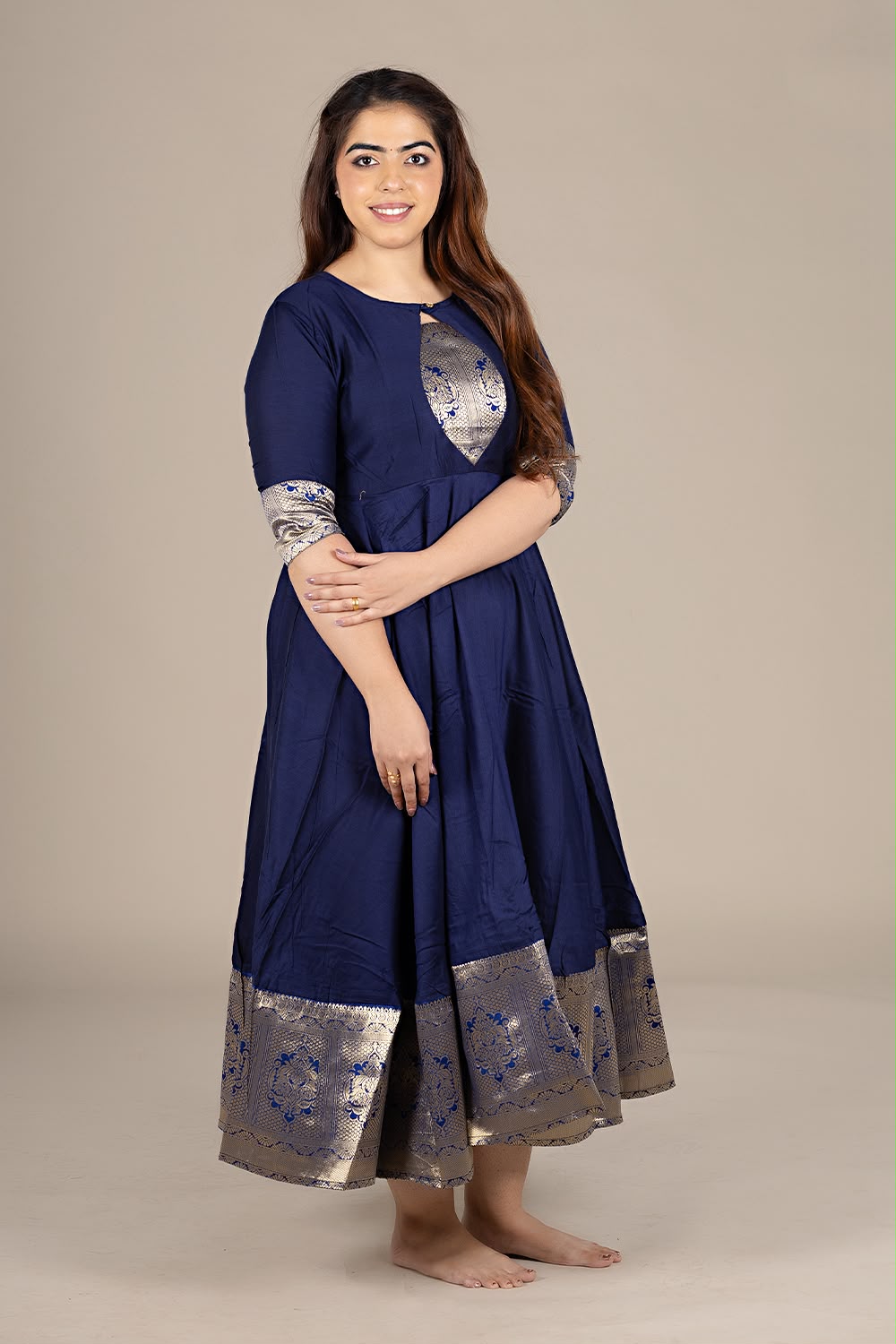 Flared Navy Kurti with Banarasi Border