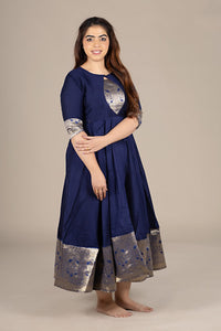 Flared Navy Kurti with Banarasi Border