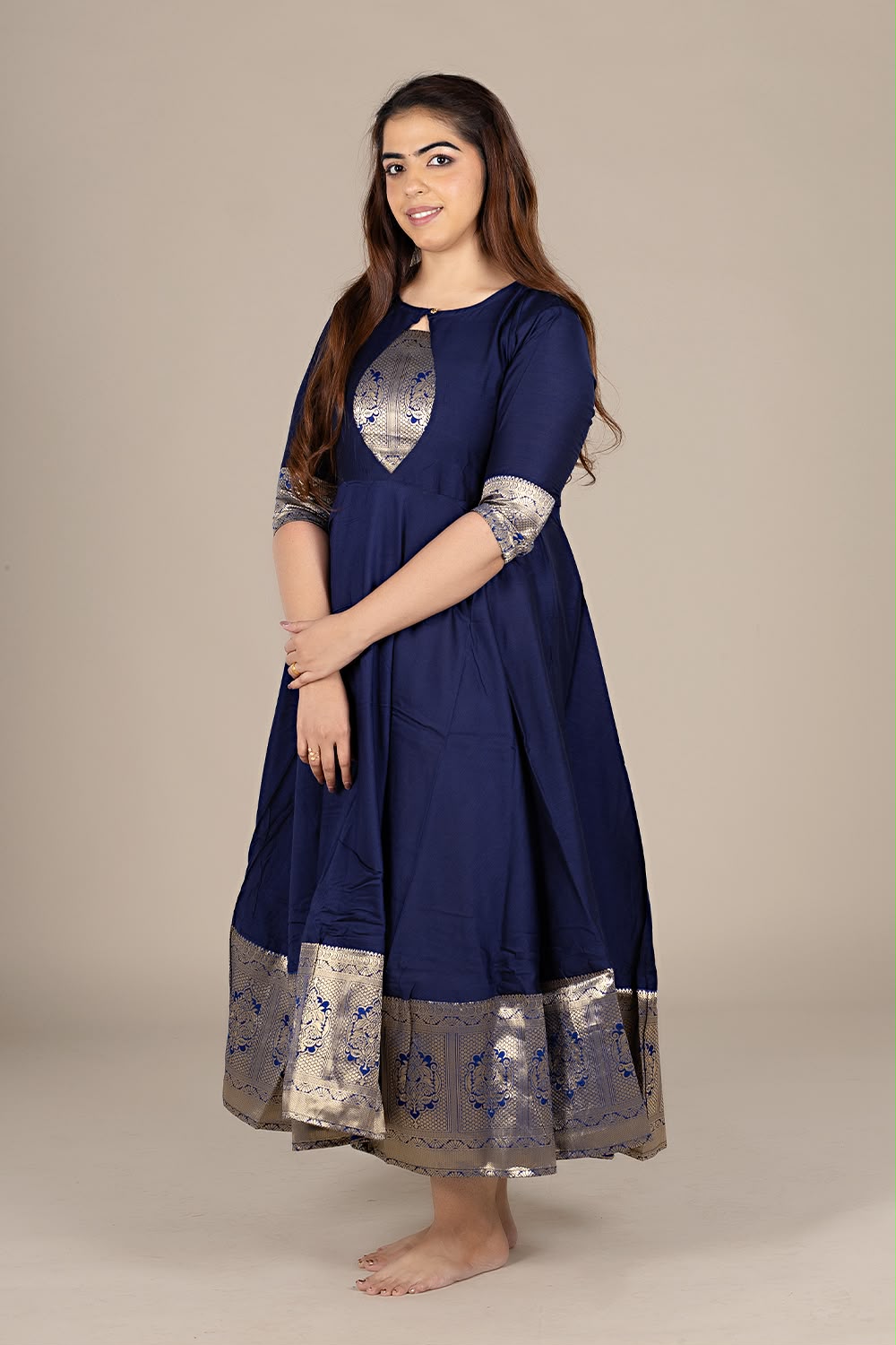 Flared Navy Kurti with Banarasi Border