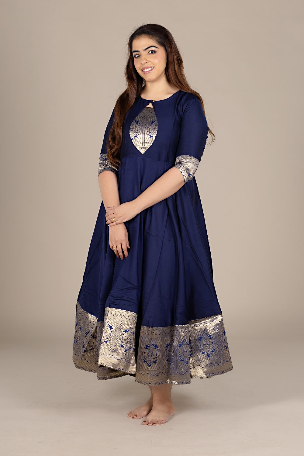 Flared Navy Kurti with Banarasi Border