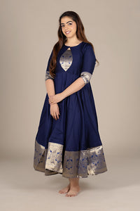 Flared Navy Kurti with Banarasi Border