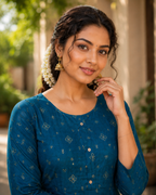 Bindoo Kali Cotton Kurti - Deep Teal