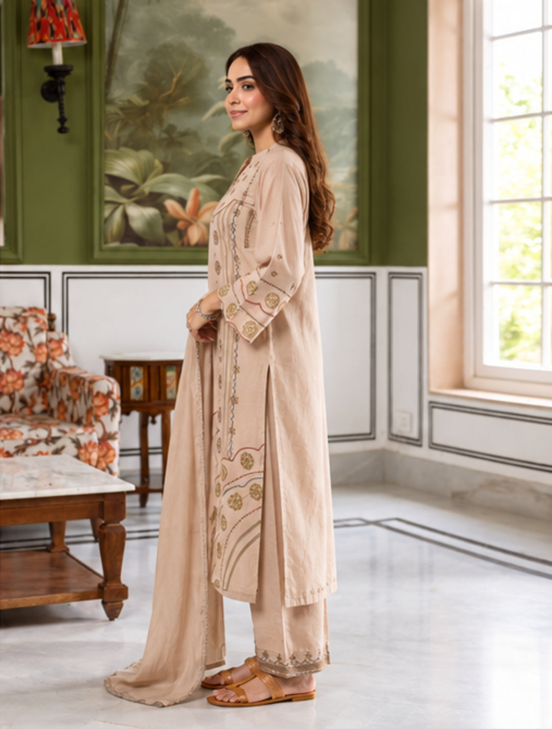Flared Straight Beige Kurta Pant