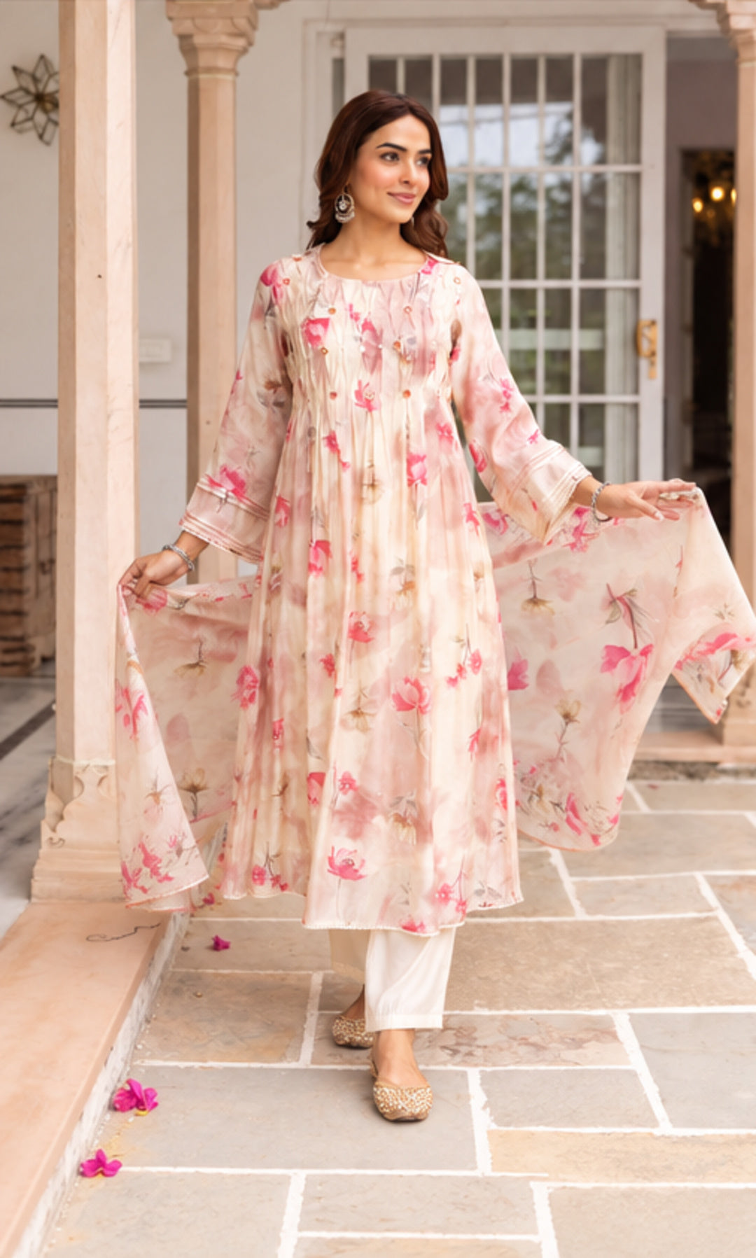 Mul Chanderi Pink Kurta Set
