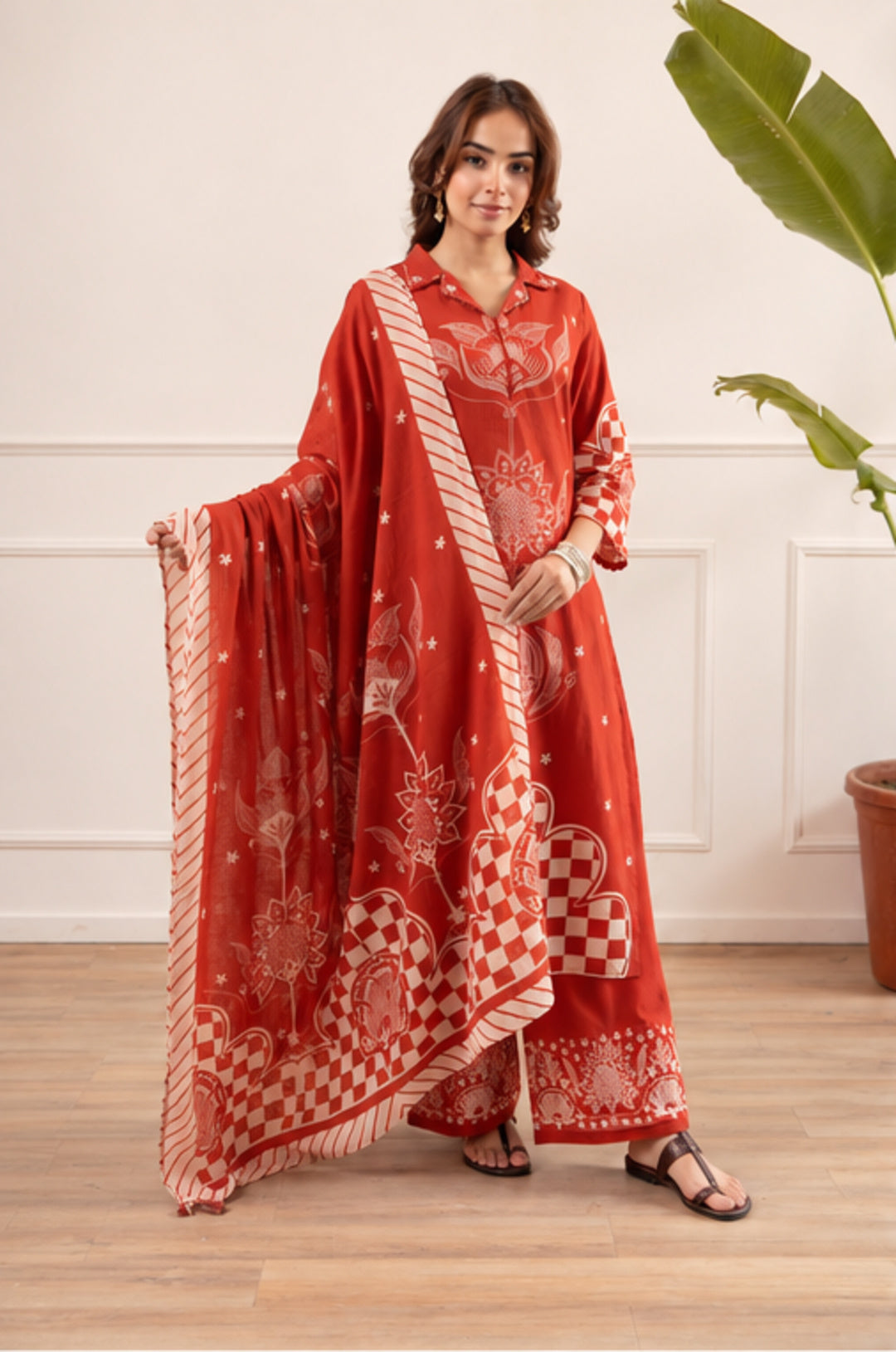 Mul Chanderi V-Neck Rust Red Kurta