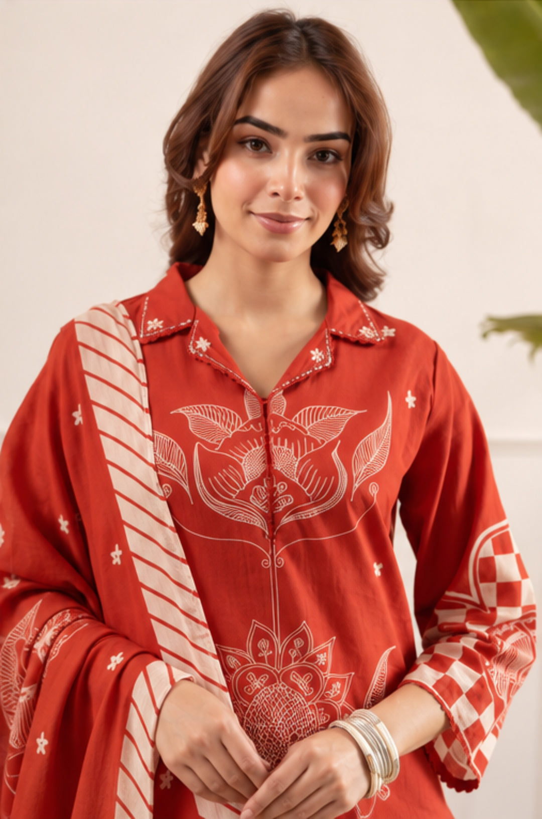 Mul Chanderi V-Neck Rust Red Kurta