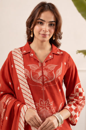 Mul Chanderi V-Neck Rust Red Kurta